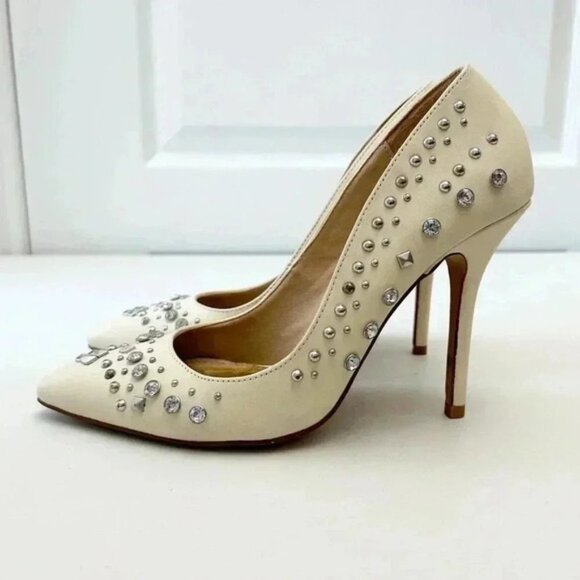 Aldo Cream Leather Pumps Pointed Toe High Heel Rhinestone Studded Stiletto 7.5 - Picture 6 of 16